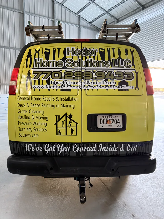 Yellow work van, rear view